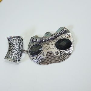 GB Vintage abstract black silvertone Scarf Slide Pendant